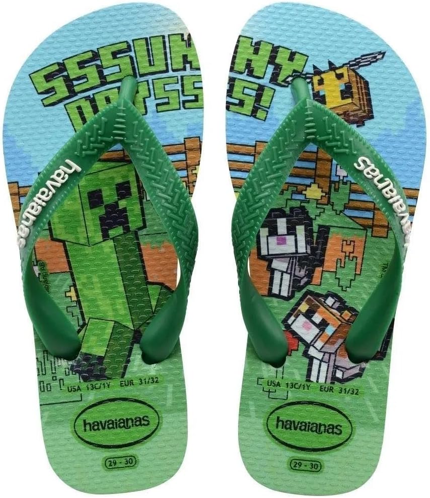 Havaianas Chinelos Infantis Minecraft, Verde Patria, Design de Pixel Art, Sola de Borracha