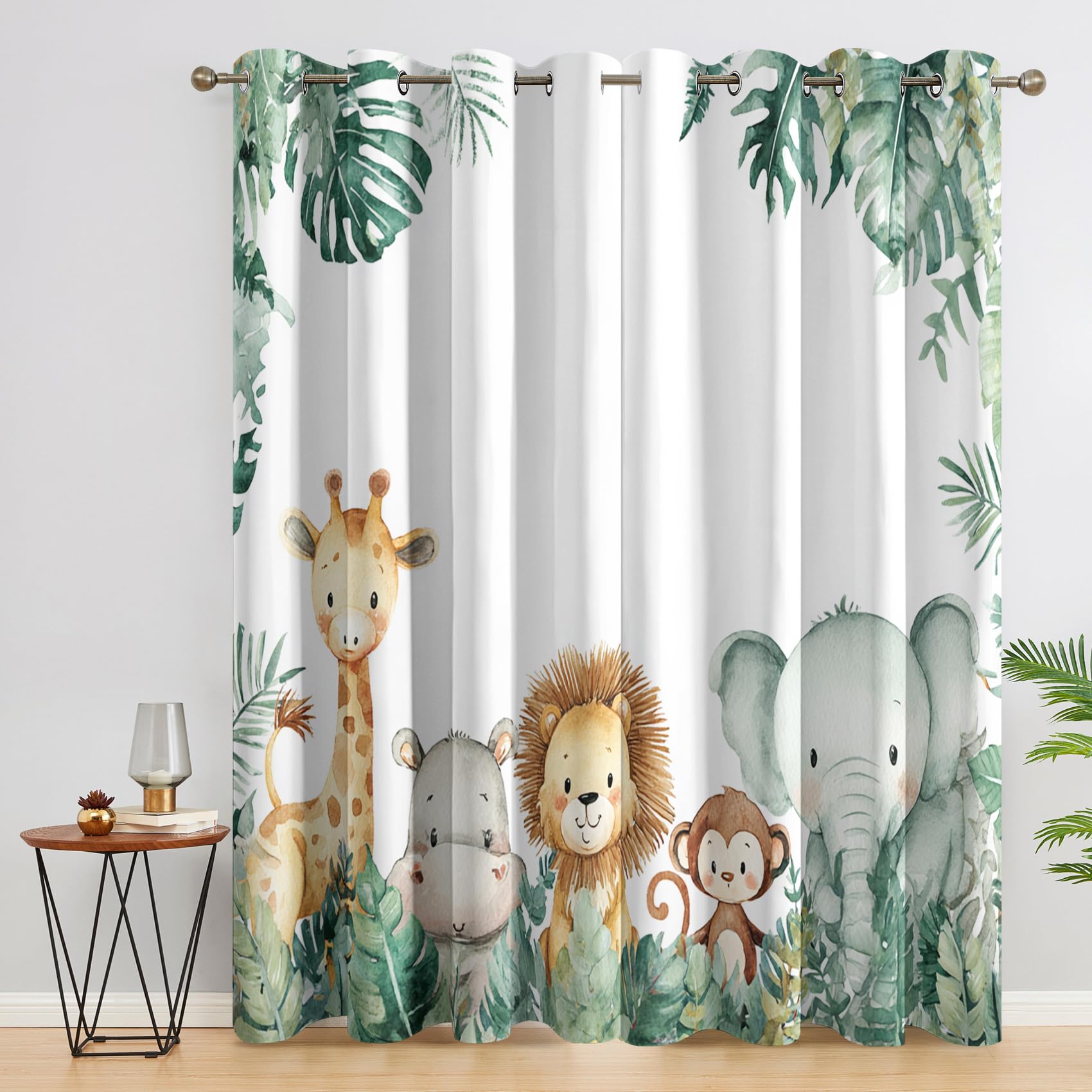 Safari Animal Blackout Curtains for Bedroom, Kids Jungle Cartoon Pattern Thermal Eyelet Drapes for Living Room, 90 x 90 Inch 2 Panels, Home Decoration - A267