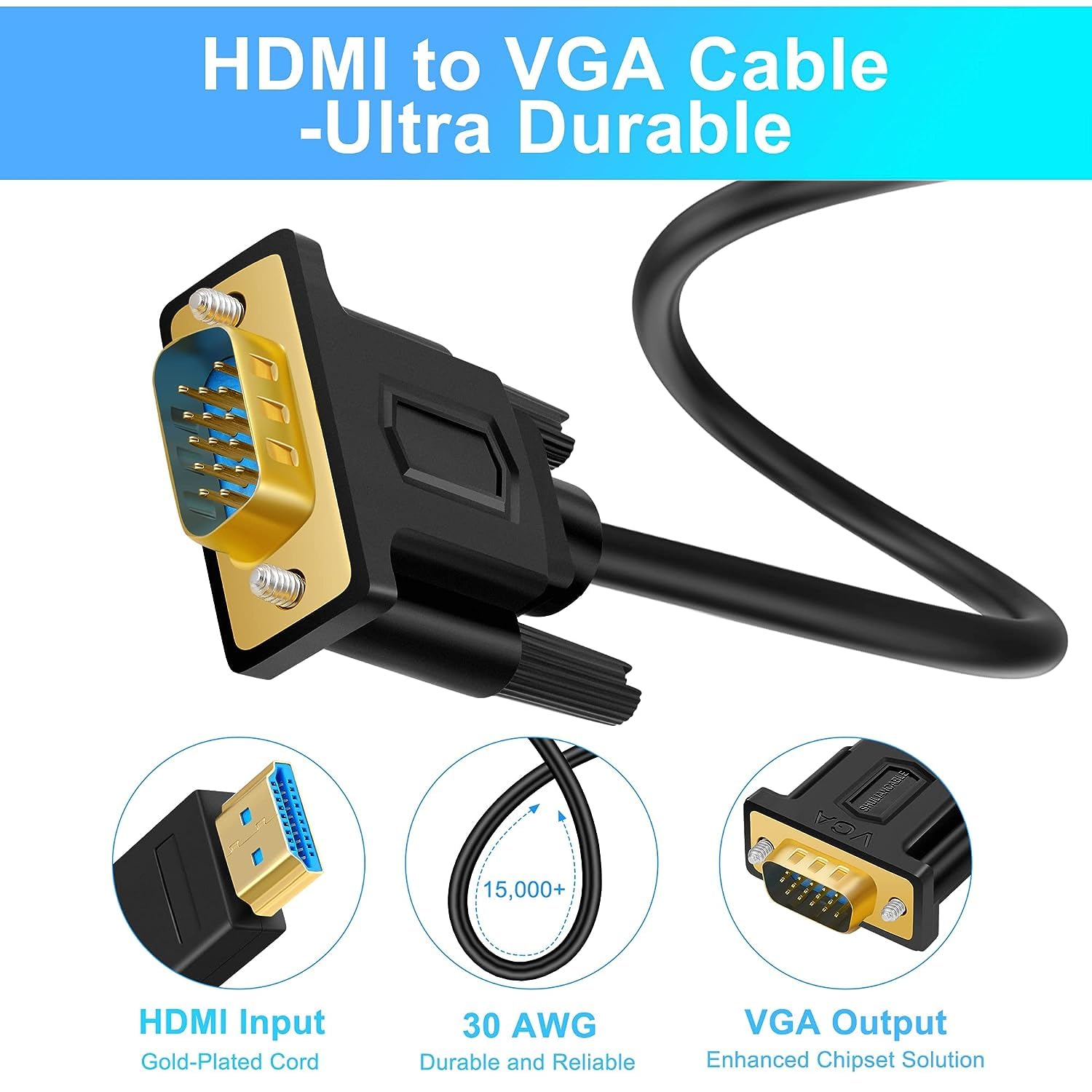 SHULIANCABLE Cavo da HDMI a VGA, Cavo adattatore HDMI a VGA Placcato in Oro, Compatibile con Computer, Desktop, Laptop, PC, Monitor, Proiettore, HDTV (1M)