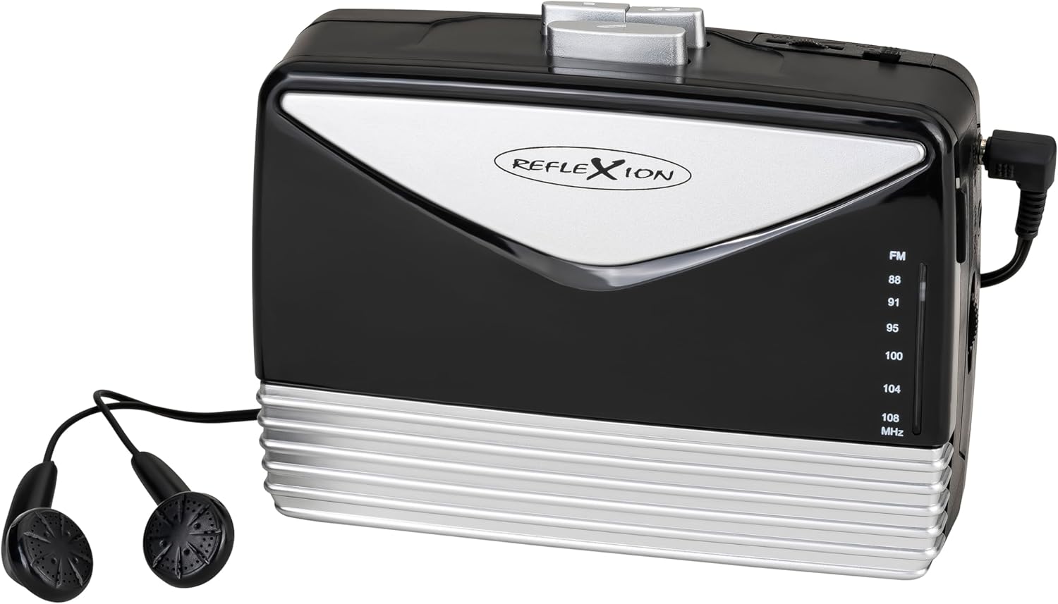 Davant i lateral view of the Reflexion WMR01BK portable cassette player with earphones