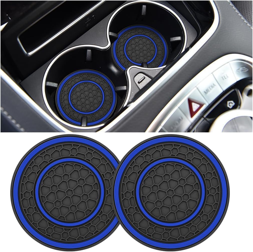 Car Cup Holder Coaster, 2PCS 2.75" Non-Slip Insert Insulated Vehicle Water Bottle Holder Pad, Waterproof Dustproof Embedded Automotive Console Drink Cup Mat, Universal Fit (Black/Blue)