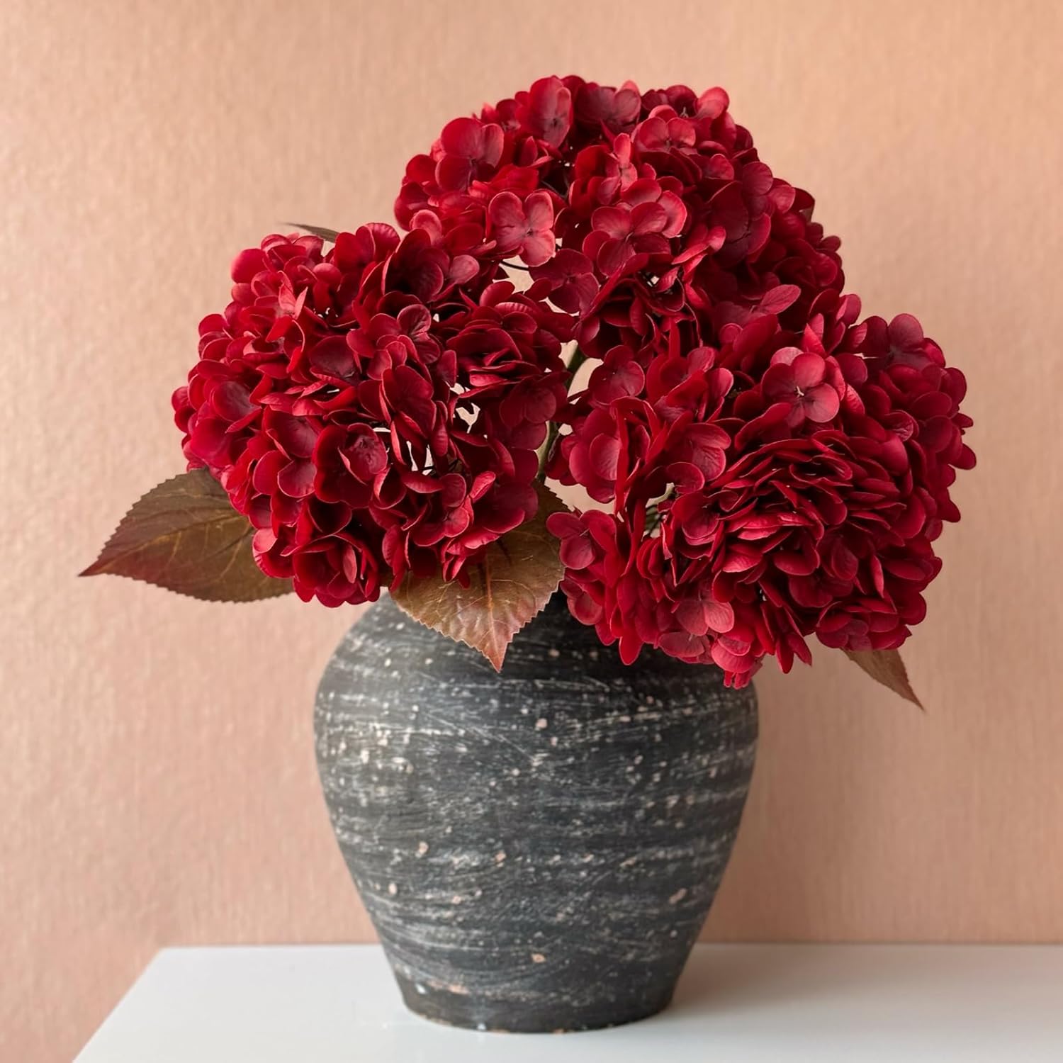 YalzoneMet Burgundy Artificial Hydrangea Flower 3 Pcs 21'' Lifelike Real Touch Latex Hydrangea Red Flower for Fall Halloween Home Party Thanksgiving Christmas Decor Outdoor Vintage Table Centerpiece - Image 5