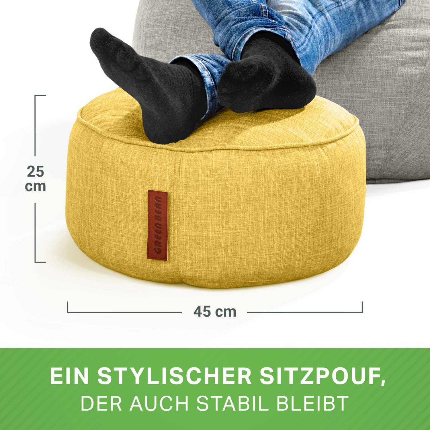 Green Bean Sitzsack-Hocker Home Linen rund 45x25cm mit EPS-Perlen Füllung - Fußhocker Sitz-Pouf für Sitzsäcke - Bodenkissen für Kinder und Erwachsene - Sitzkissen Sitzhocker Gelb