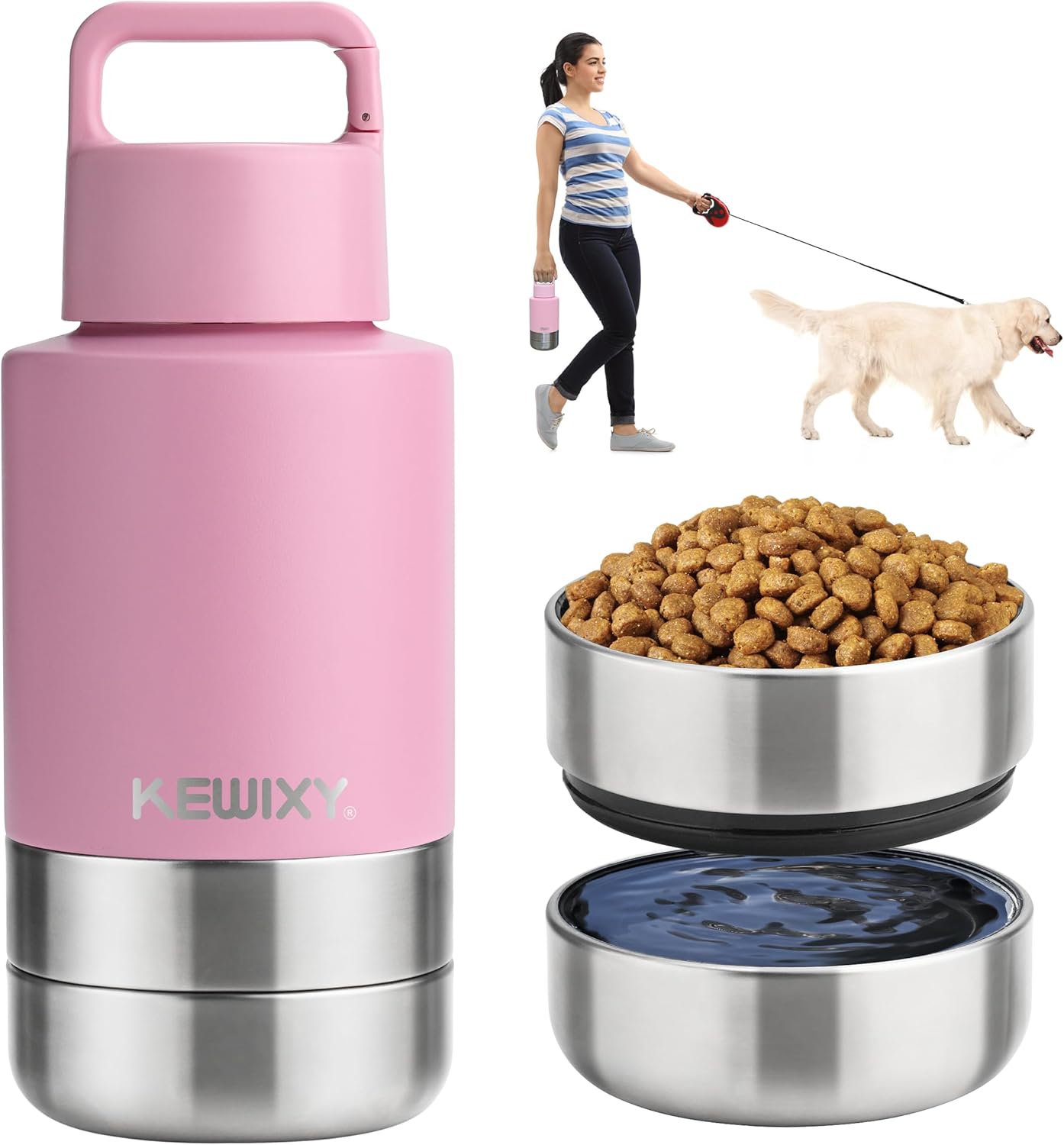 KEWIXY 3-in-1 Insulated Dog Water Bottle with Bowls – 32 Oz, Pink-Purple