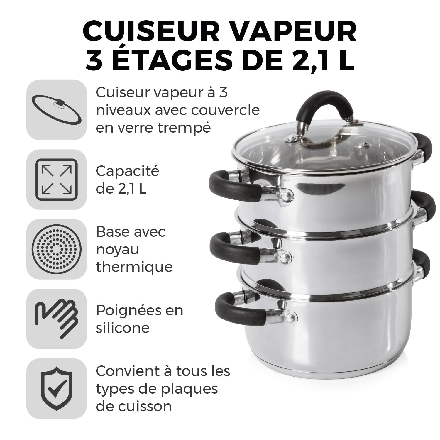 Tower T80836 Essentials Cuiseur Vapeur à Induction à 3 Étages en Inox -avec Couvercle en Verre, Poignées en Silicone - Électrique - Finition Poli-Miroir, 18 cm, Argenté