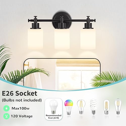 Miniatura 2 de Lámparas de baño negras de 3 luces, modernas luces de tocador sobre el espejo, apliques de pared de baño con pantalla de vidrio blanco, enchufe E26,