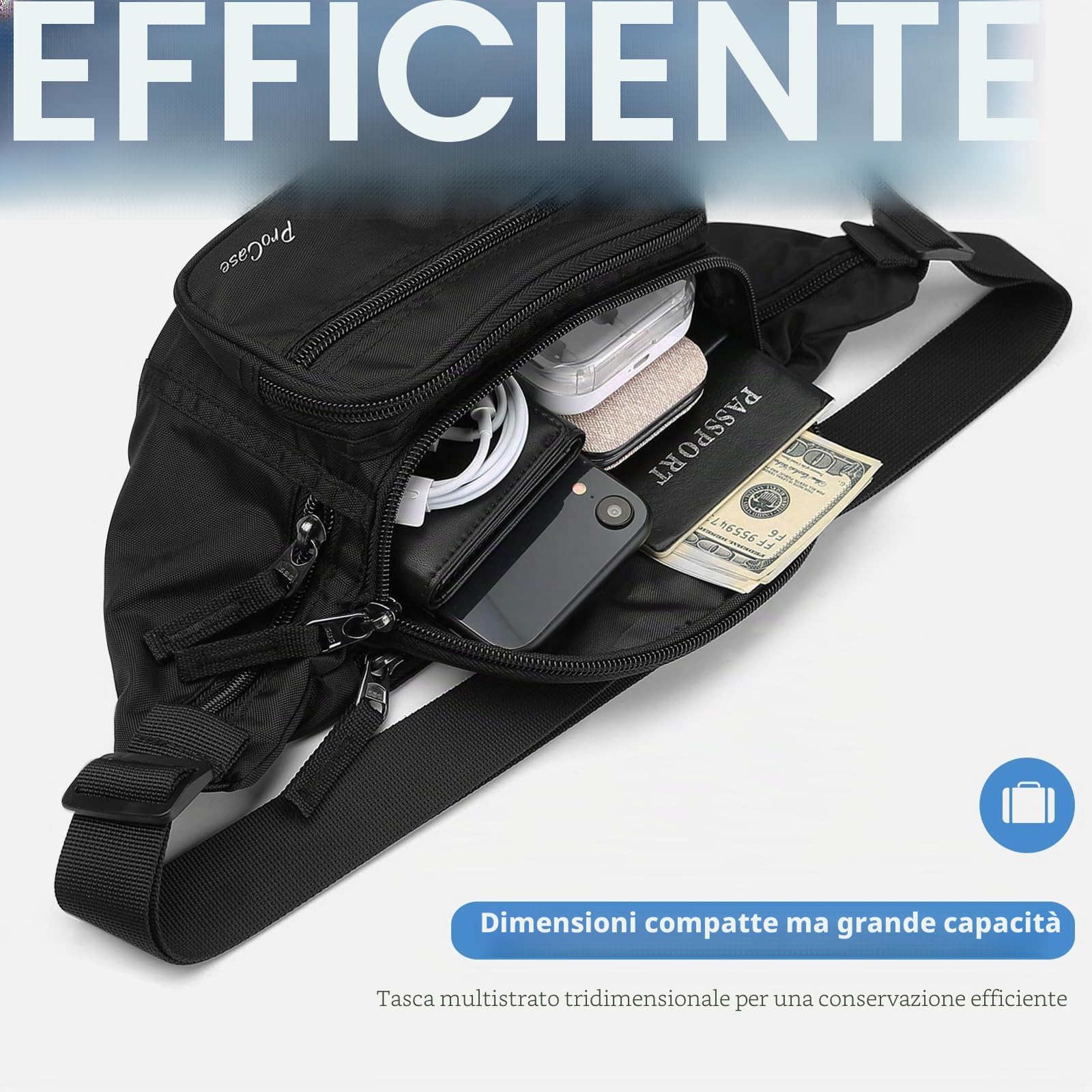 ProCase Marsupio Uomo Nero con 6 Tasche, Marsupio da Lavoro Sportivo Viaggio Trekking, Fanny Pack Bag in Nylon con Cinturino Regolabile e Fibbia a Sgancio Rapido