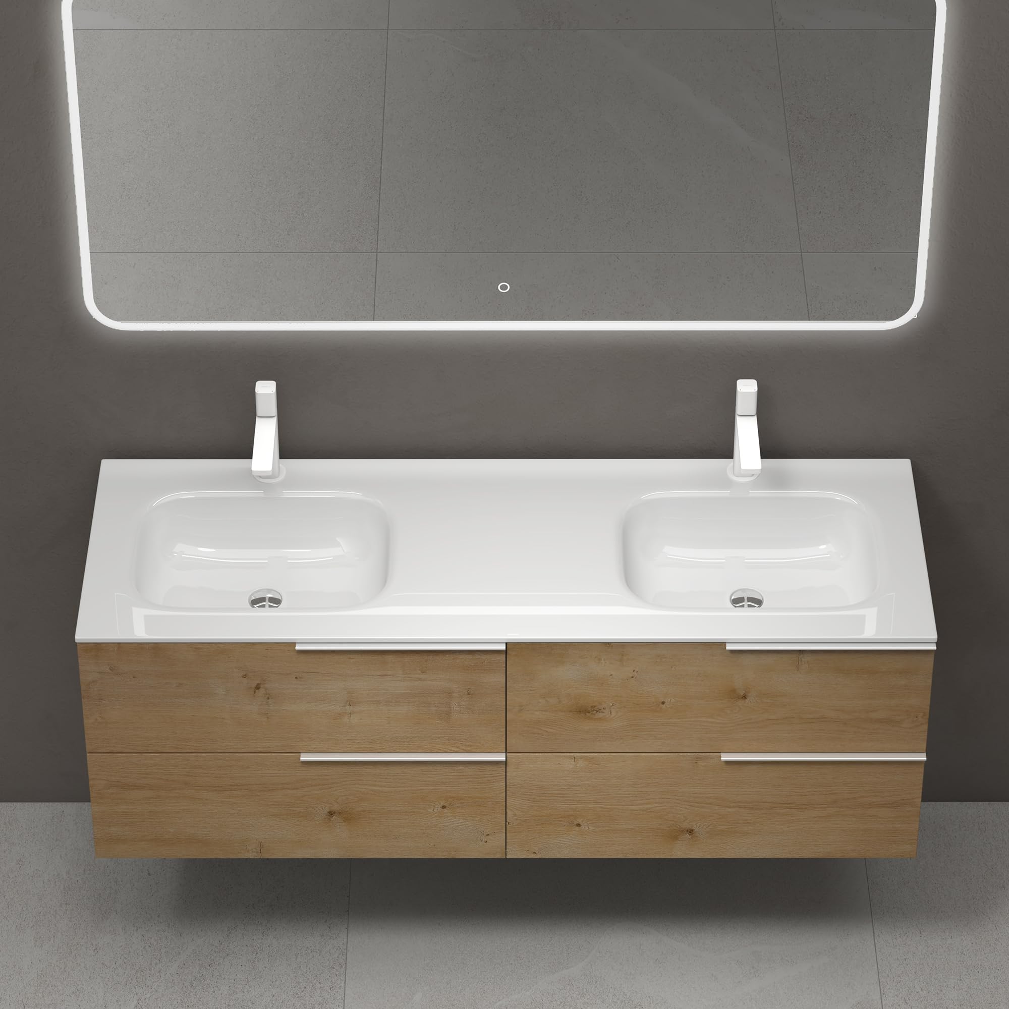 doporro Meuble de Salle de Bain Suspendu 144x48x50cm Ensemble de 2 Pièces | Chêne, avec Lavabo en Solid Surface, Design Vanessa