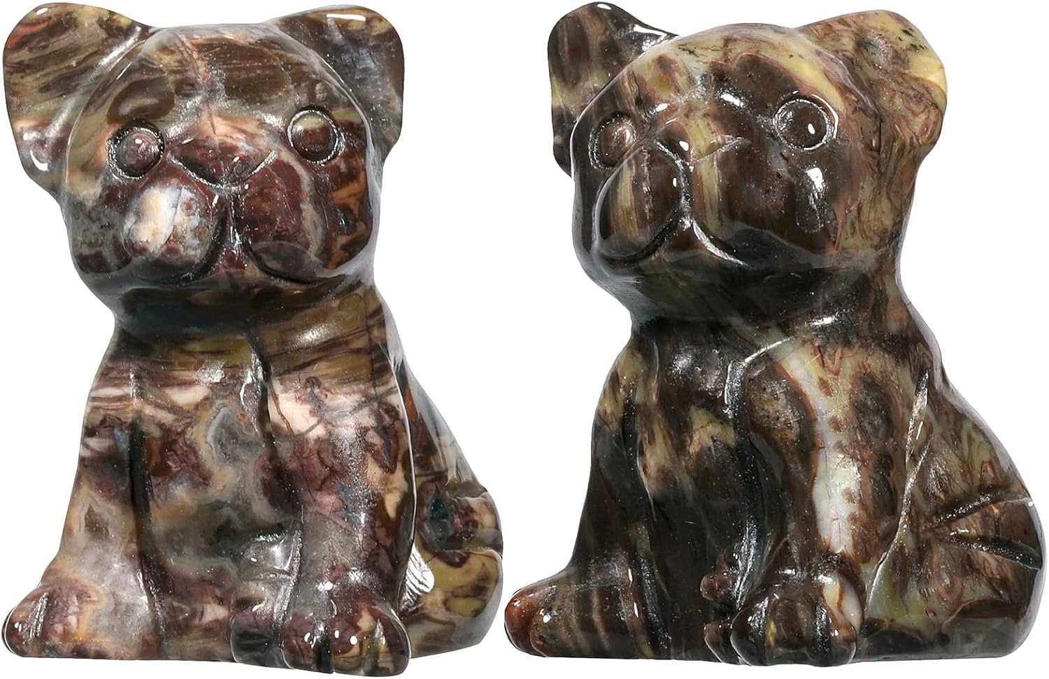 Nupuyai Pack of 2 Mini Rose Quartz Crystal Dog Statue Hand-Carved Pocket Stone Animal Sculpture Figurine Decor for Home Office Desktop, Crazy Lace Agate