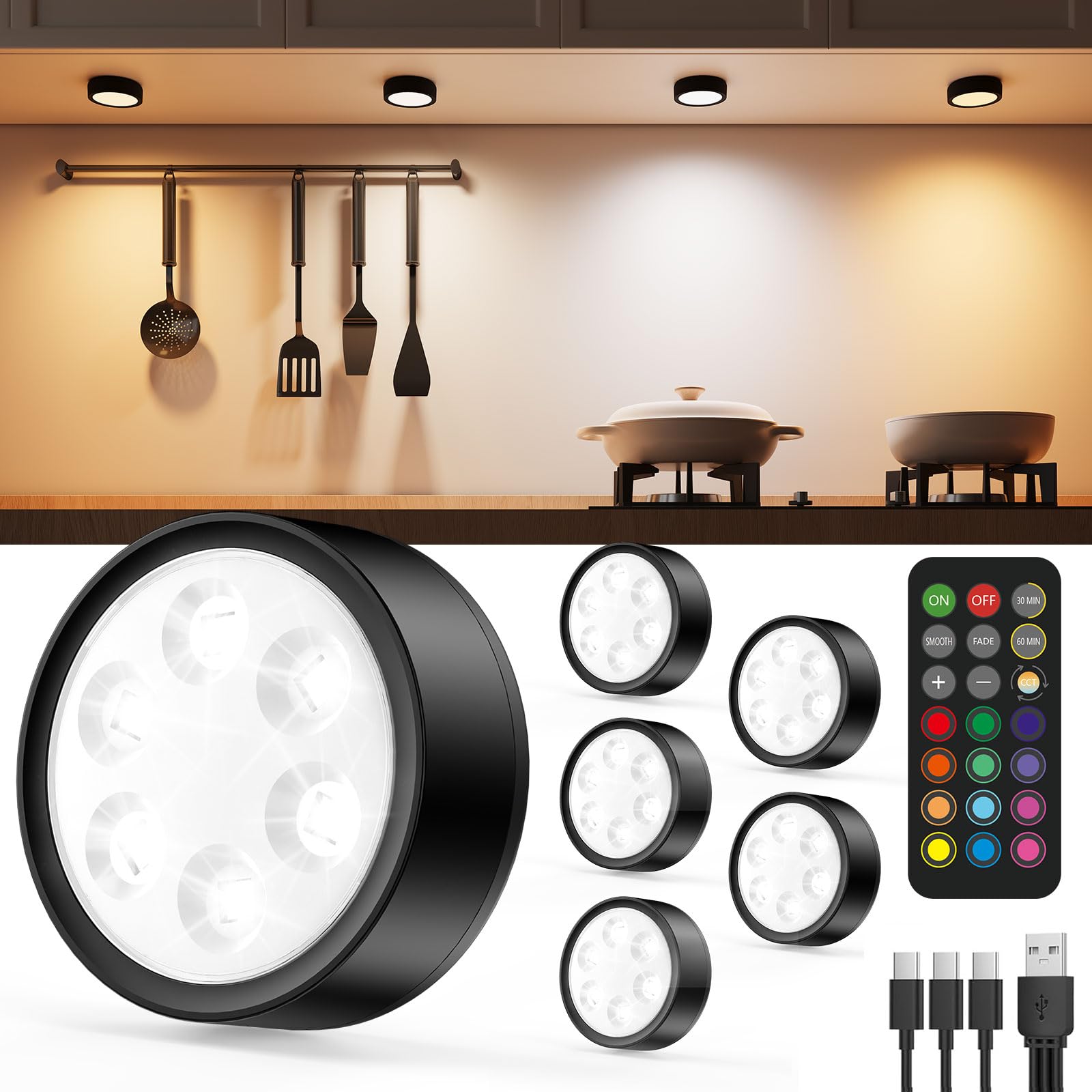 Luz Vitrina Batería Recargable 2400mAh, Luces Armario RGB con Mando | USB, Regulable, Inalambrico, Pulsador, Tactil, Magnético Iman Colores Foco LED Sin Cable para Cocina Bajo Mueble, Escalera