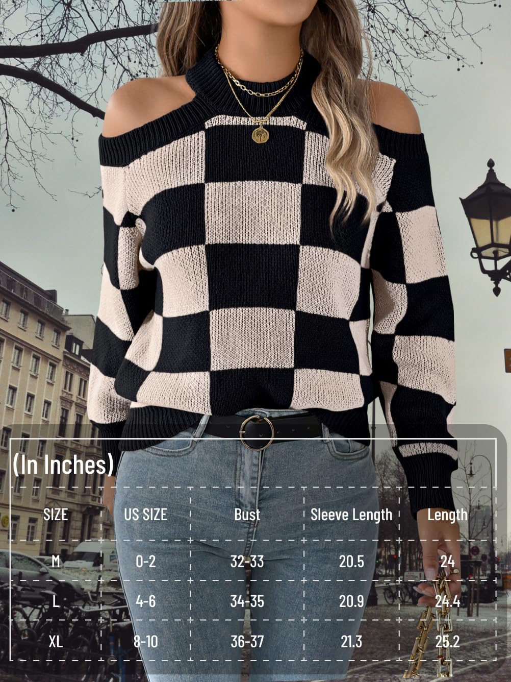 2000s Women Cold Shoulder Sweaters, Color Block Checkered Knit Sweater, Crewneck Long Sleeve Jumper Tops Fall Outfits - Image 6