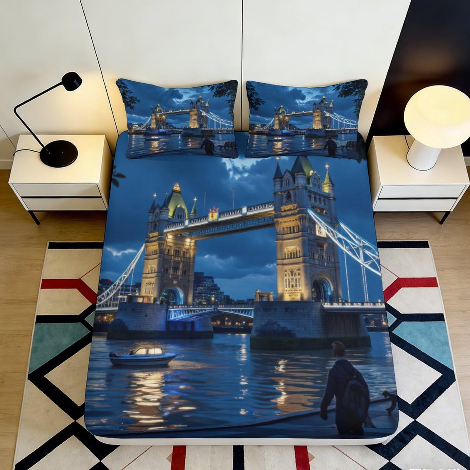 3D Printed Night Bridge Fitted Sheet Microfiber Deep Pocket Bedroom Bedding Night Scene Mattress Fitted Cover Elastic Hem Washable 140x200x25cm