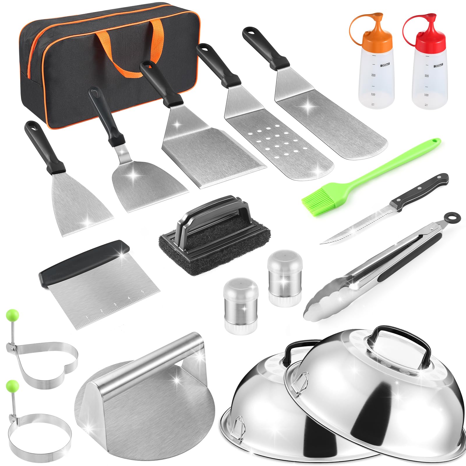 Set Accessori Per Piastra BBQ 25 Pezzi In Acciaio Inox - Spatole, Pressa Hamburger, Spruzzini E Borsa, Per Blackstone E Camp Chef