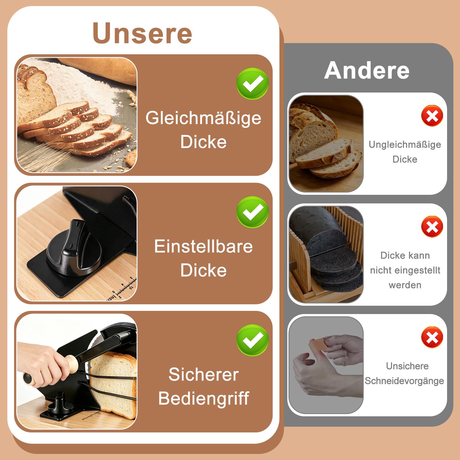 Brotschneidemaschine Manuell, Manuelle Brotschneidemaschine mit Einstellbarer Scheibendicke, Edelstahlklinge, Rutschfeste Saugnäpfe, Gleichmäßige Brotscheiben für Selbstgemachtes Brot & Sauerteigbrot