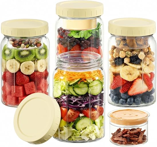 4 Pack Salad Jars with Dressing Container -32OZ Glass Salad Leakproof container for Fresh Lunch with 2 Built-In Compartments for Wet/Dry Separation, Mason Jar Salad Containers
