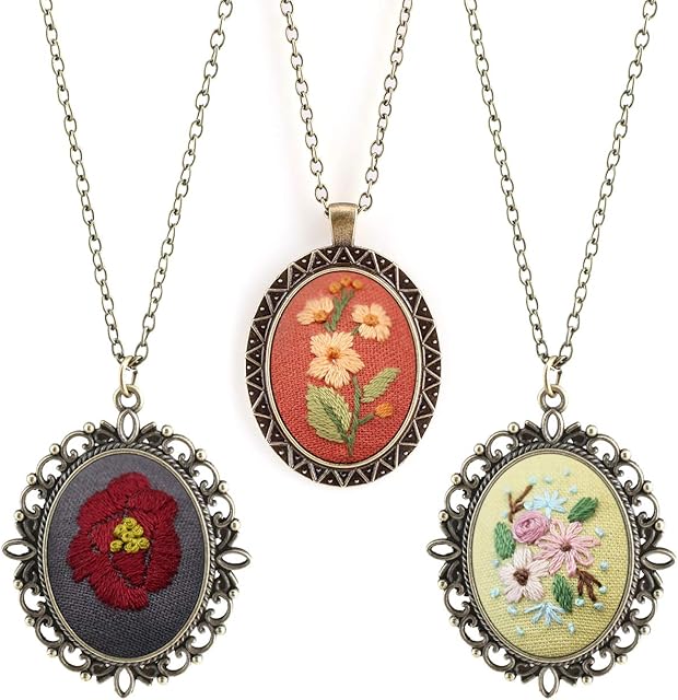 3 Pack Pendant Embroidery Starter Kit for Beginners,MWOOT Retro Necklace Series Cross Stitch Tools for Necklace & Earrings & Hand Sewing Jewelry & Creative Gifts,Style B
