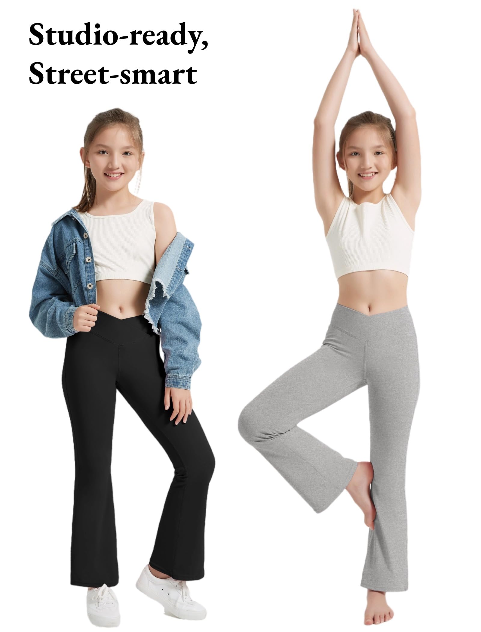 EXARUS Confezione da 4 leggings per ragazze e adolescenti, pantaloni da yoga incrociati a V in vita alla caviglia/lunghezza intera a vita alta per sport casual