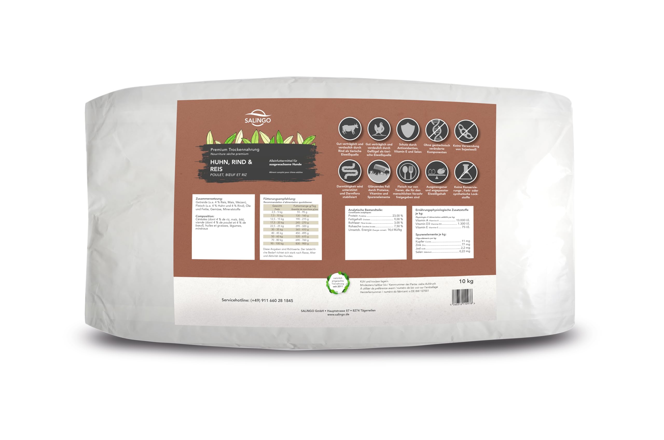 Trockenfutter für Hunde | SALiNGO | Huhn, Rind und Reis 10kg