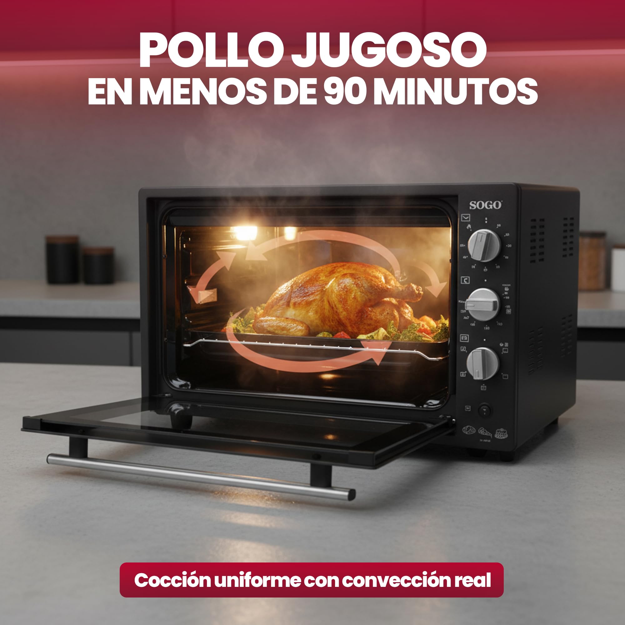 Sogo Horno Sobremesa de Convección 70L - Horno Eléctrico con Rustidor para Asados Jugosos - Horno Multifunción con Gratinador para Recetas Crocantes - Ideal para Cualquier Plato