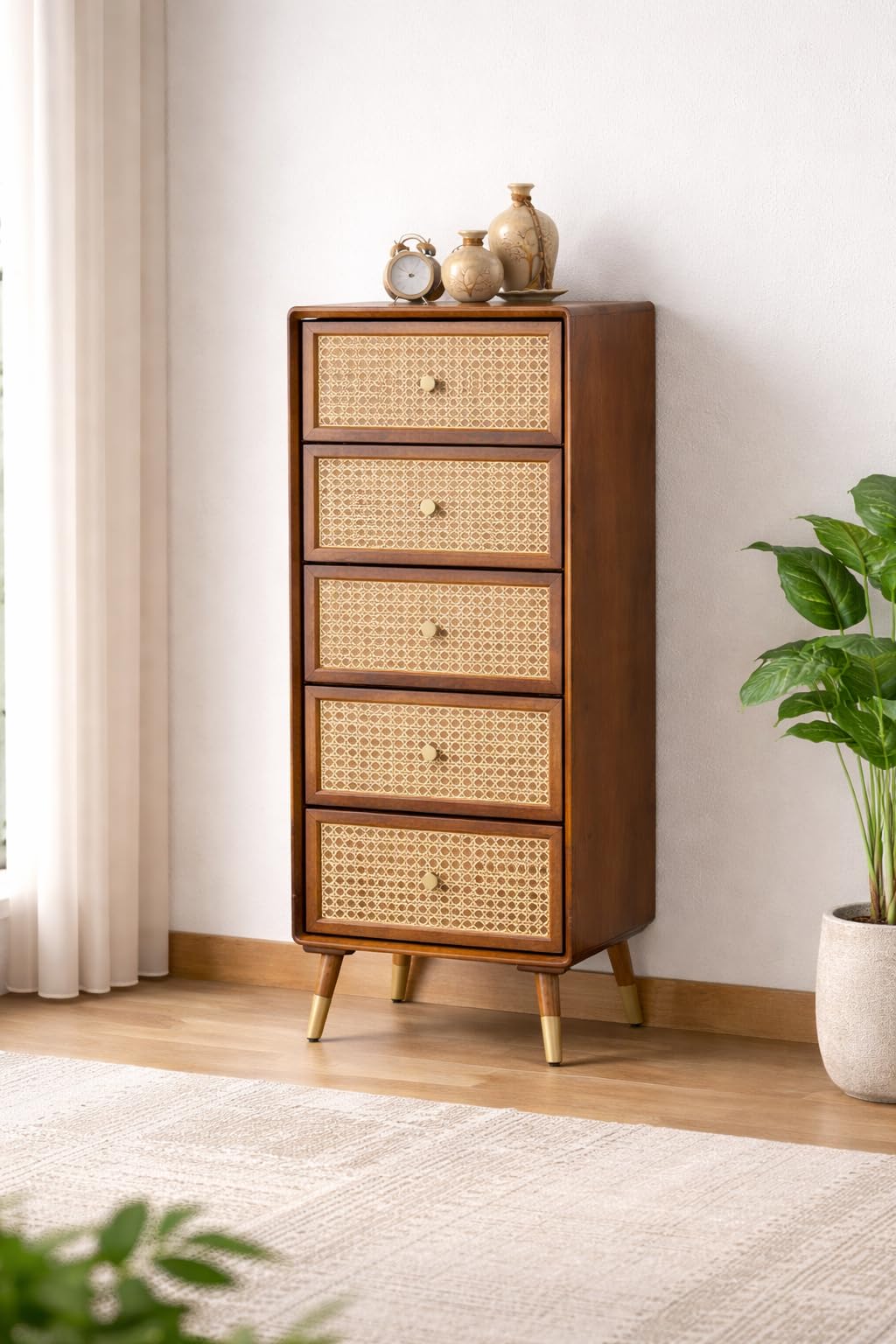 Natural Wooden Five Drawer Storage Cabinet with Jute Front Design Tall Chest of Drawers for Living Room Bedroom and Home Organisation-image-45