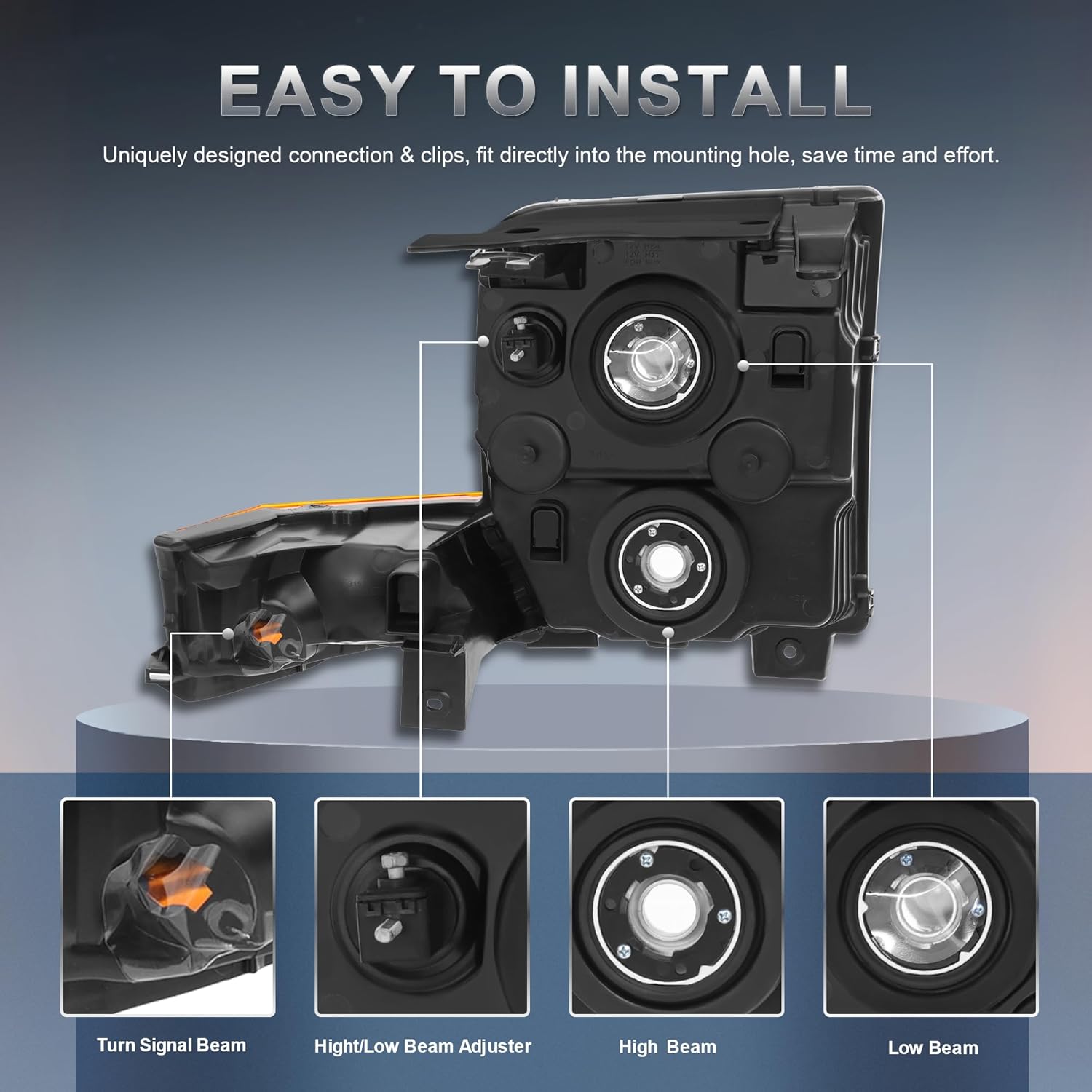 Headlights Assembly Replacement Compatible for 2006-2010 Jeep Commander Sport Utility Halogen with Clear Lens Black Housing Amber Reflector Front Lamps Driver and Passenger Side (Set of 2)