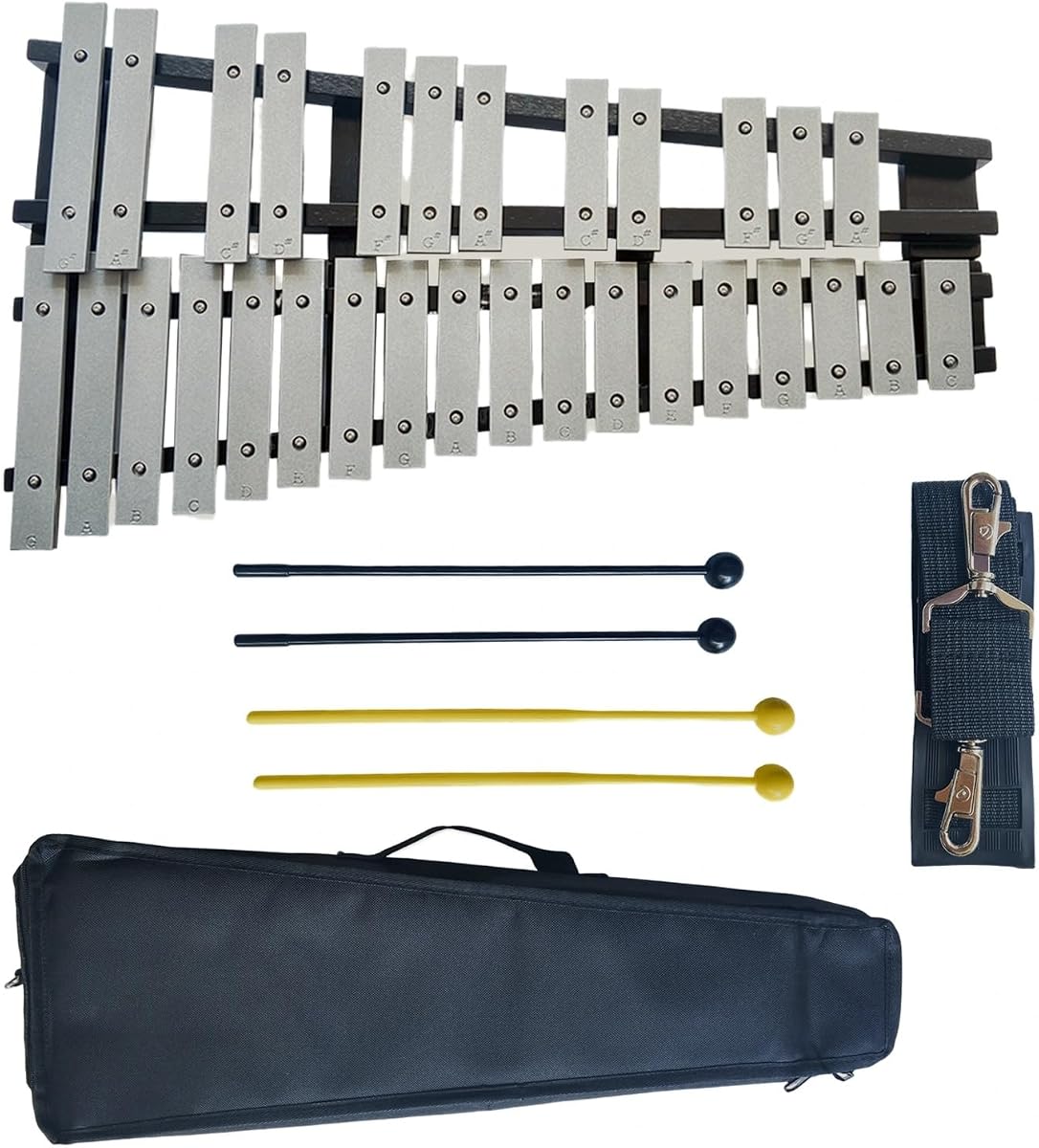 Xilófono Glockenspiel de 30 notas plegable para adultos y principiantes | Kit de instrumentos de percusión de xilófono con 4 mazos, correa para el hombro y bolsa de transporte, para interpretación musical y regalo de cumpleaños