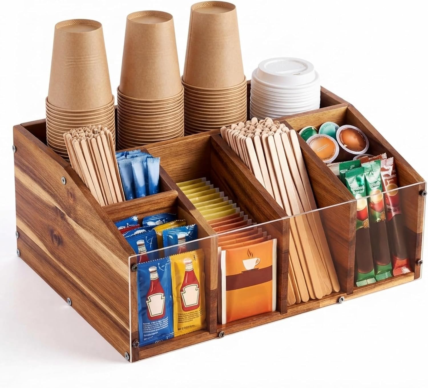 Acacia Wood Coffee Station Organizer for Countertop, 6 Compartments