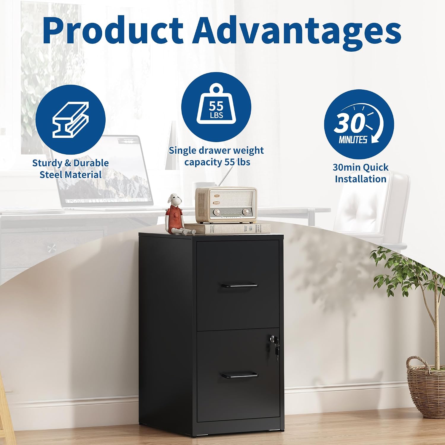 2 Drawer File Cabinet with Lock, Metal Filing Cabinet for Home Office, Vertical File Cabinet for Letter/Legal/A4/F4 Documents, Easy to Assemble Steel Storage Cabinet