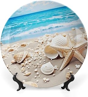 Bone China Decorative Plates Ocean Sea Beach Seashells Starfish Blue Ceramic Dinner Plate with Stand Ceramic Hanging Decorative Plates for Kitchen Dining Room Wine Cabinet Home