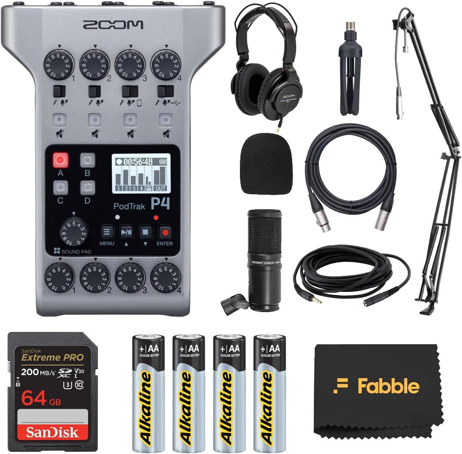 Zoom PodTrak P4 Multitrack Recorder bundle with a microphone kit, headphones, windscreen, tabletop mic stand, XLR cable, boom arm, 64GB microSD card, and premium AA batteries.