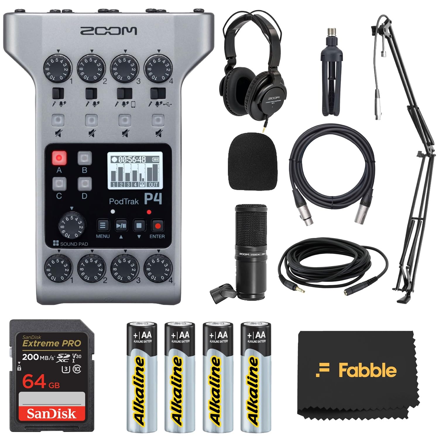 Zoom PodTrak P4 Multitrack Recorder bundle with a microphone kit, headphones, windscreen, tabletop mic stand, XLR cable, boom arm, 64GB microSD card, and premium AA batteries.