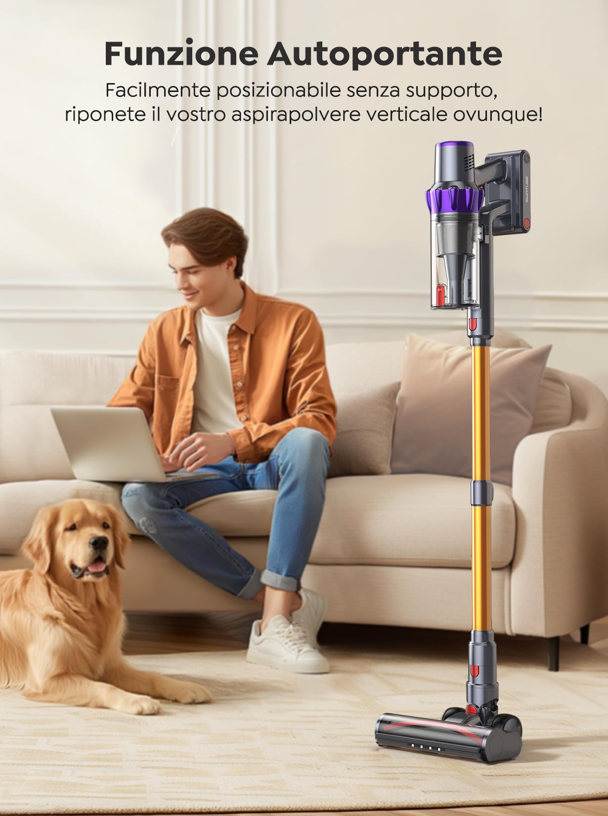 Aspirapolvere Senza Fili Potente con Autoportante, 450W/40Kpa Scopa Elettrica Senza Fili, 55 Minuti e Modalità Automatica, LED Touchscreen Anti-avvolgimentoper Pavimenti Tappeti Peli di Animalili