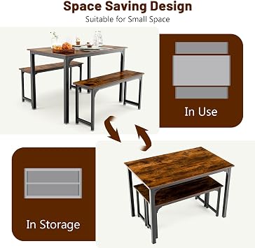 TANGZON Dining Table with 2 Benches, 3 Pieces Steel Frame Kitchen Table Set, Industrial 4-6 Person Breakfast Dining Table and Chairs for Home Dining Room (Coffee)