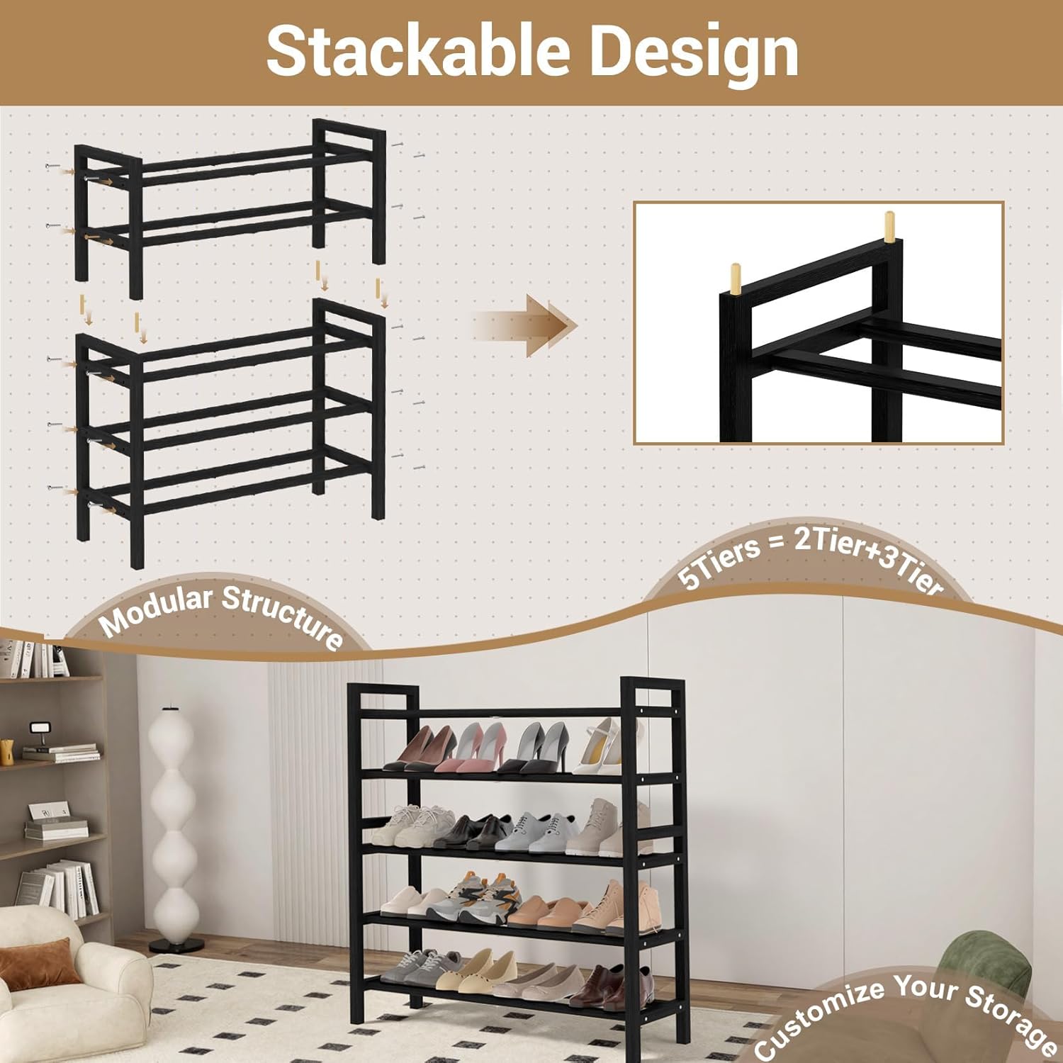 Haddockway Bamboo Shoe Rack for Closet, Free Standing Shoe Organizer with Smooth Round Rods & Convenient Handles, Stackable Shoe Storage Shelf for Entryway, Hallway(Black, 5-Tier)