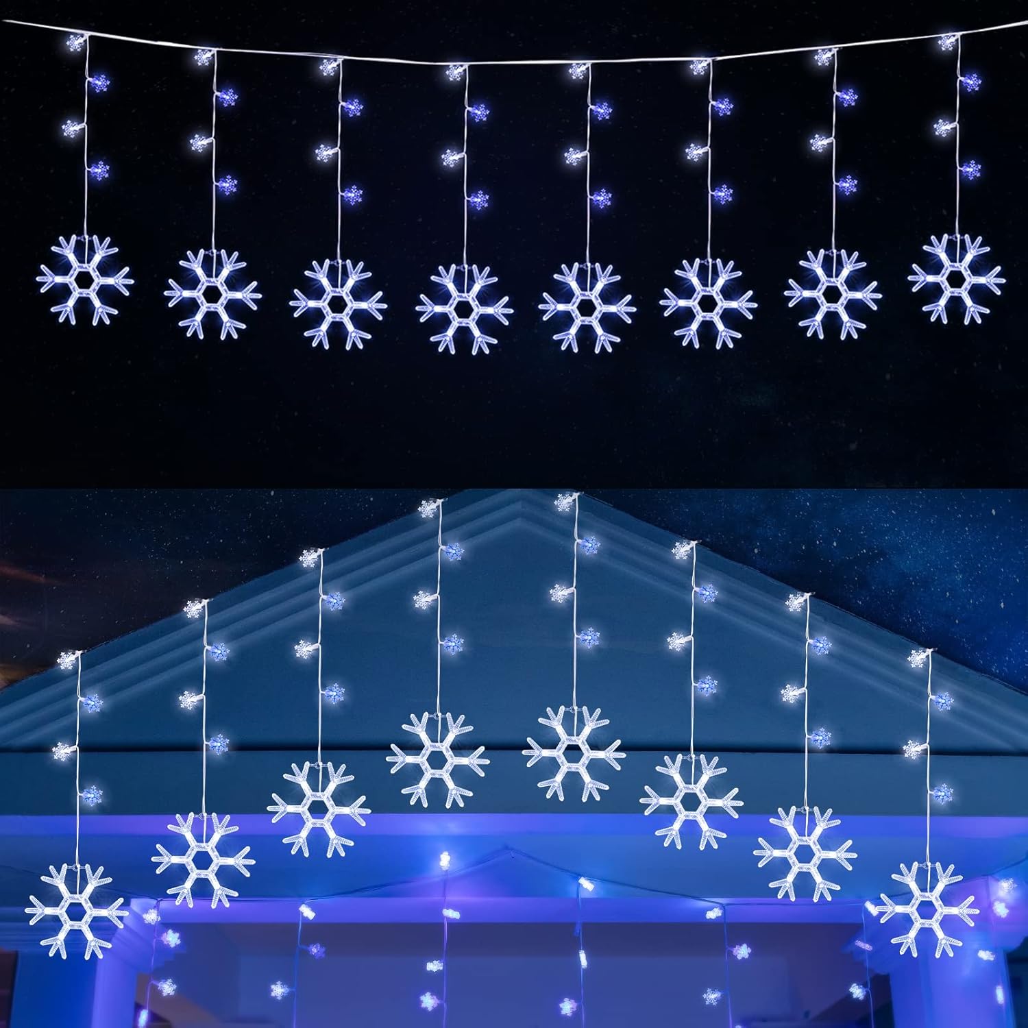 Minetom Christmas Snowflake Icicle Lights Outdoor - Plug-in 7ft 7 Drops 80LED Snowflake Lights, Connectable for Outdoor Porch Eaves Roof Pergola Canopy Christmas Decor (Blue and White)