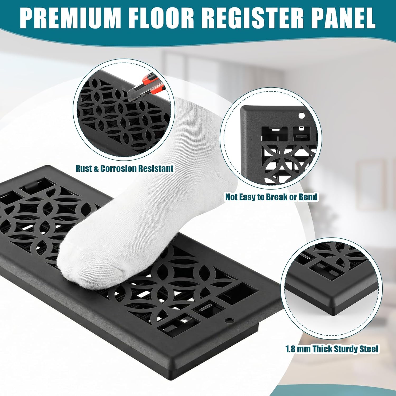 10 Pcs 4x10 Inch Heavy Duty Floor Register - Decorative Savannah Design Vent Covers - Walkable Adjust Air Supply Lever Steel Airflow Floor Vents with Screws for Home Heater Grilles (Black)