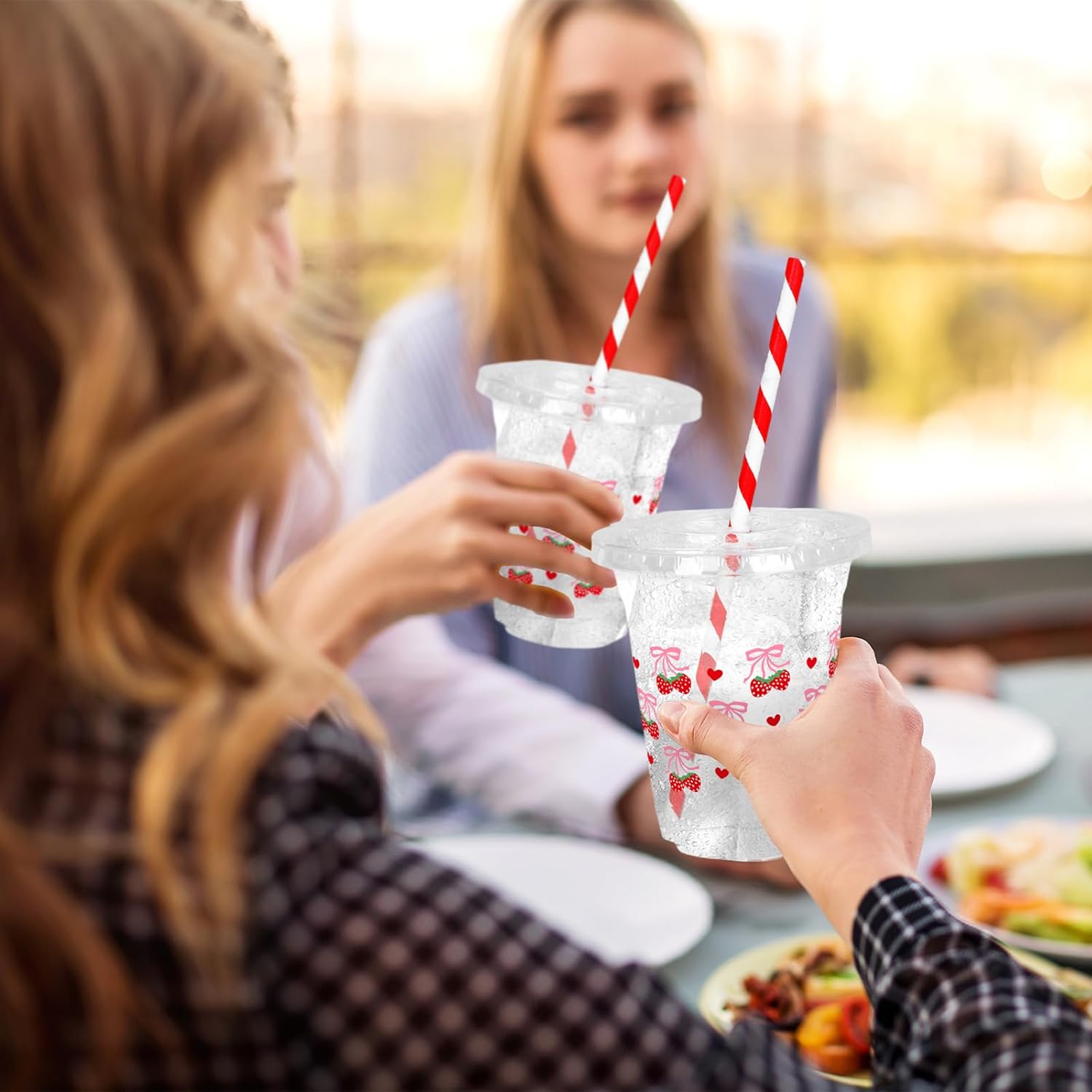 JarThenaAMCS 50Pcs Pink Bow Strawberry Disposable Plastic Cups with Lids and Straws 12Oz Cute Bowknot Strawberry Cold Beverage Drinking Cups for Summer Birthday Wedding Party Supplies - Image 7