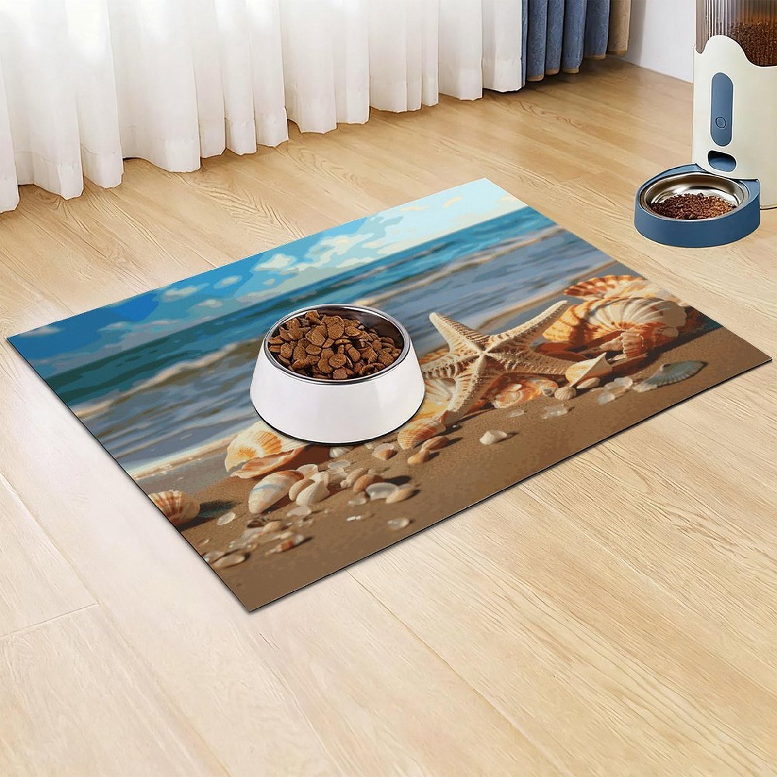 Tapis de nourriture pour chat avec coquillages sur la plage de sable – Tapis d'alimentation antidérapant pour chien facile à nettoyer pour la nourriture et l'eau, tapis de gamelle pour chien et chat