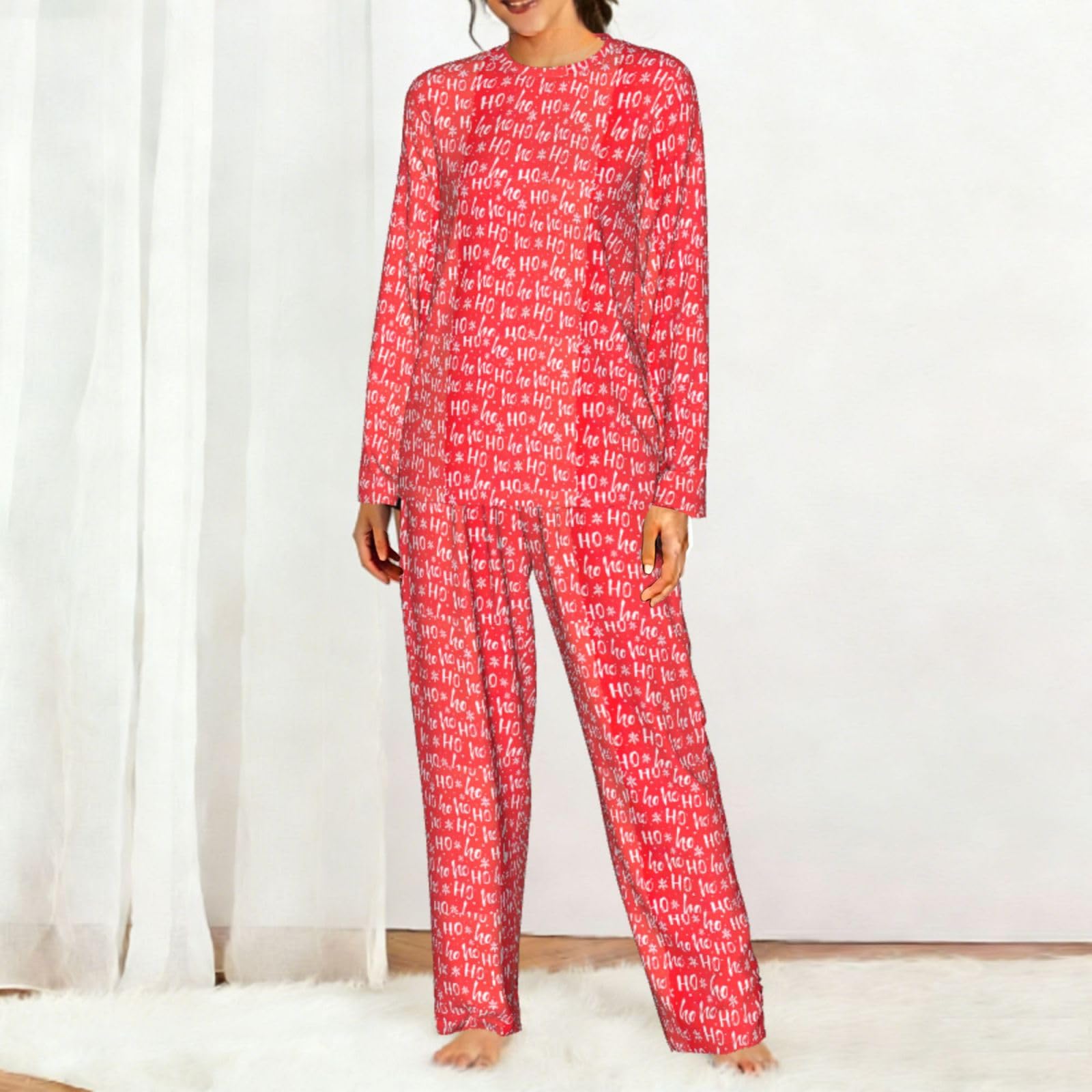 Sfondo di Natale Stampa Delle Donne Manica Lunga Pigiama Corrispondente Set Morbido Confortevole Lounge Elastico Sleepwear
