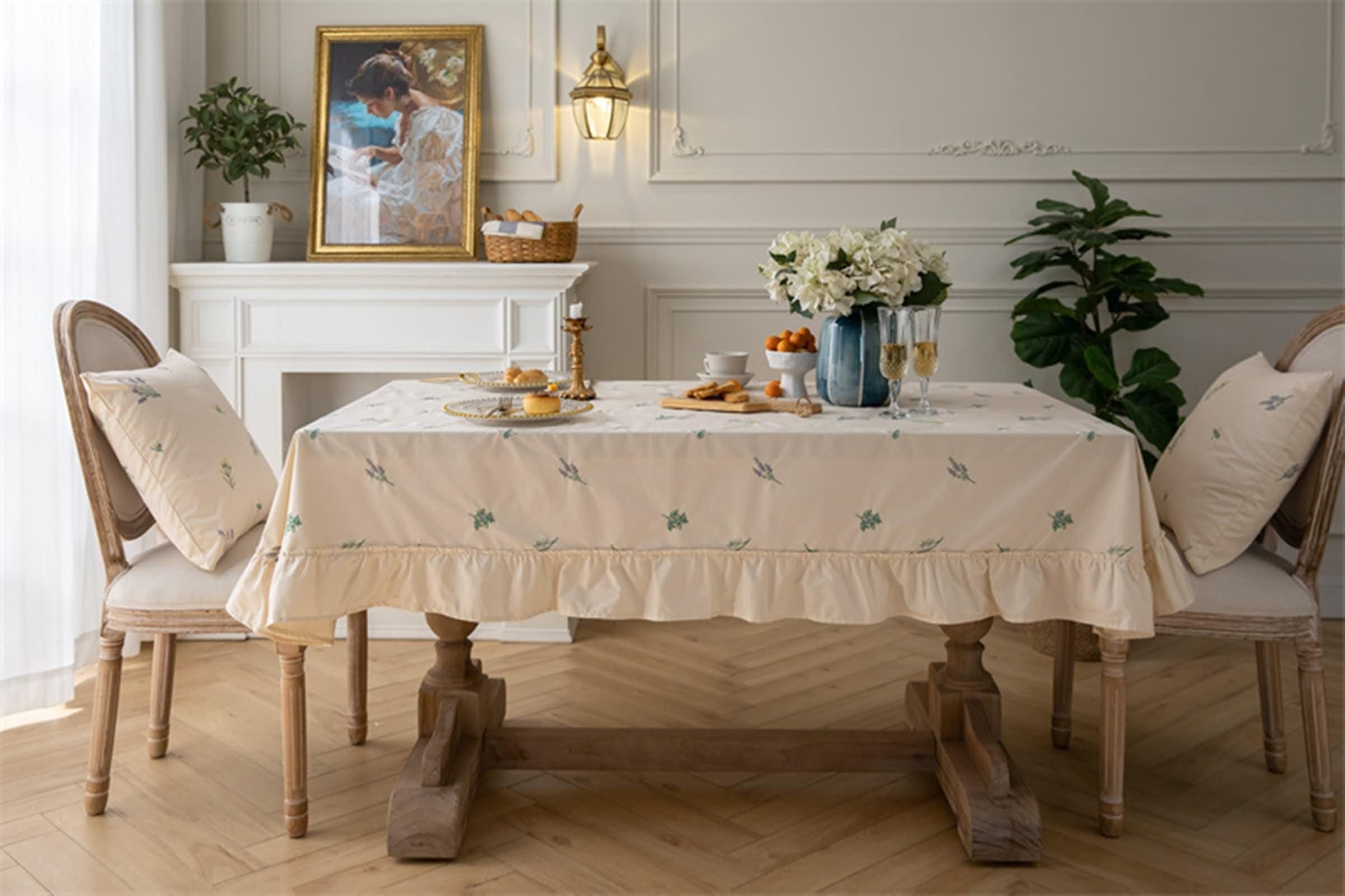 Mantel Mesa Antimanchas Rectangular 150 W x 260 L CM,Manteles Mesa Exterior Verde Patrón de Flores con Volante Algodón Manteles de Mesa