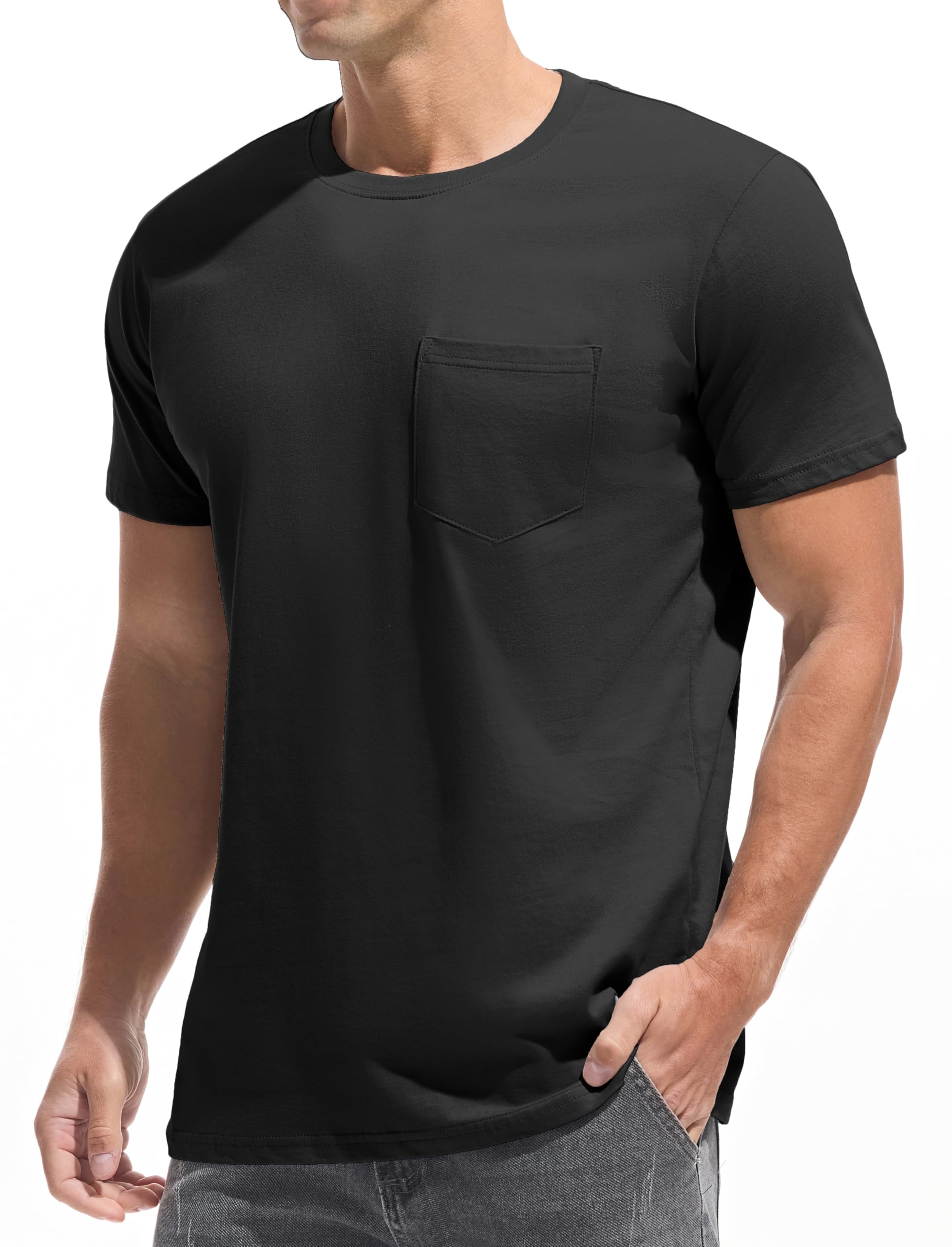 JEEGAL Herren T-Shirt 100% Baumwolle | Klassisches Rundhals-Shirt mit Brusttasche | Basic Kurzarmoberteil für Freizeit & Büro