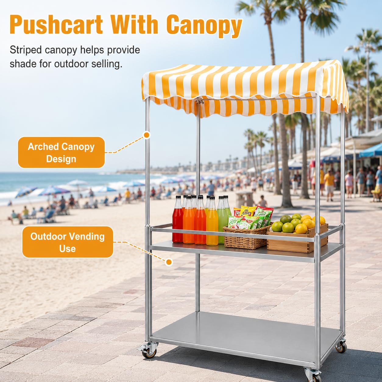 Carrello porta alimenti pieghevole zincato con ruote e tenda, giallo, 120