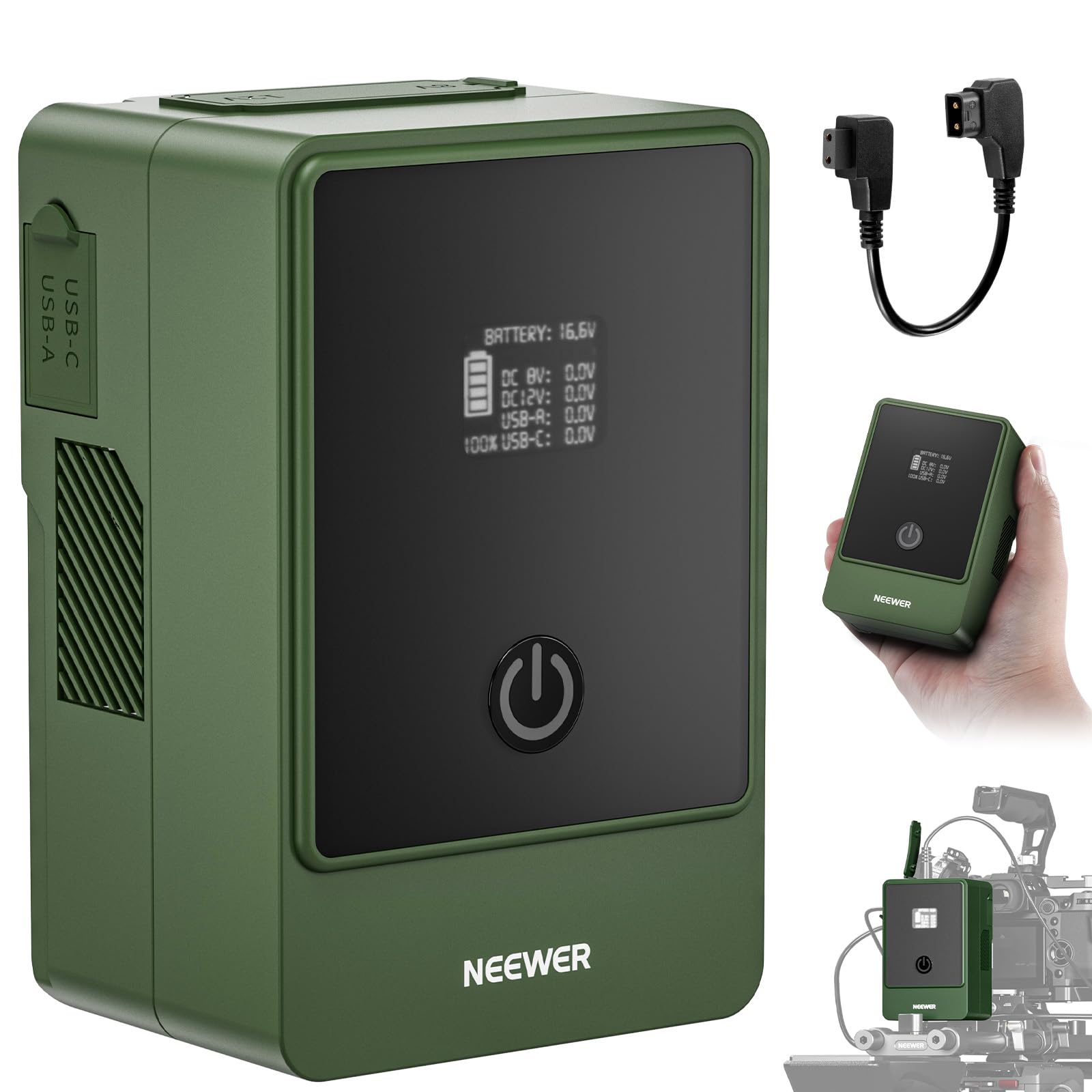NEEWER Mini Batteria V Mount da 6800mAh 99Wh 14,5V, V Lock Battery con Uscita PD 65W Tipo C/D Tap/BP/USB A/Due Porte DC/Schermo OLED per Videocamera Compatibile con SmallRig BMPCC 4k 6k, PS099E Verde