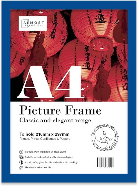 A4 Blue Picture Frame, Fits A4 (21 x 29.7cm - 8.3 x 11.7in) Poster, Photo, or Print. Portrait and Horizontal Wall Hooks/Kickstand Wall Art Display