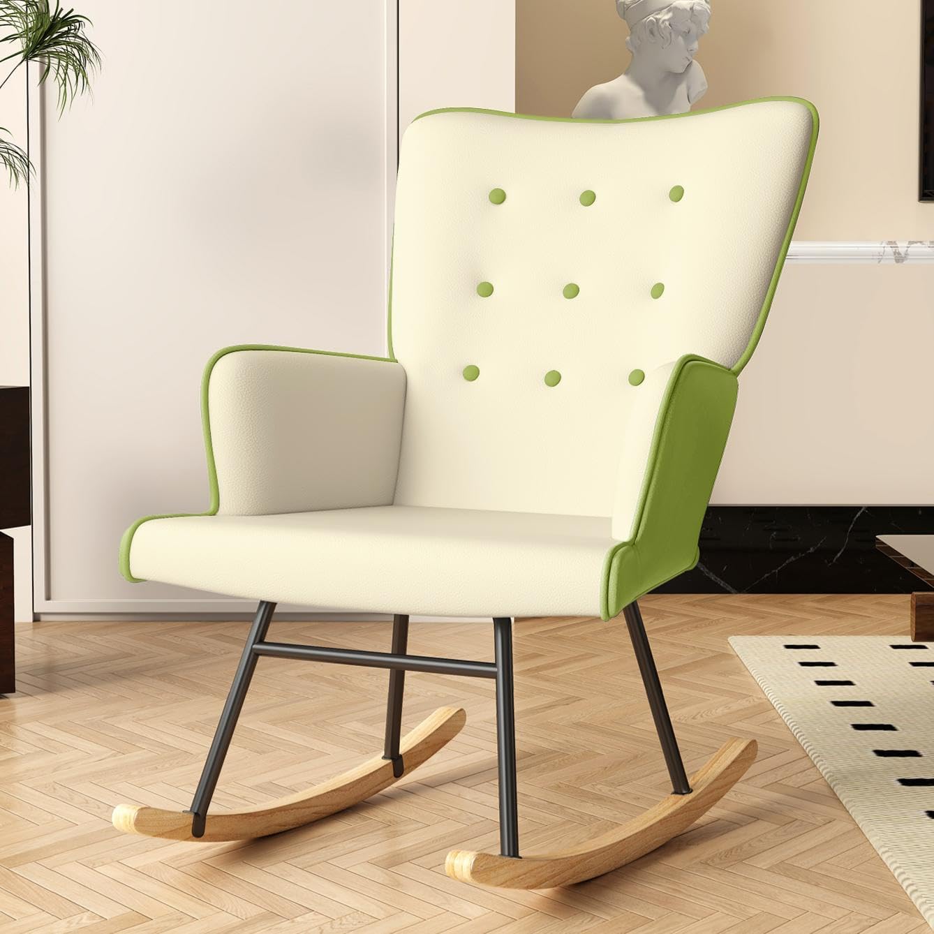 VIRRMO Glider Rocking Chair Nursery Comfy Accent Chair with High Back Faux Leather Living Room Chairs Color Button Tufted Armchair Reading Chair for Bedroom Nursery Office, Cream+Apple Green