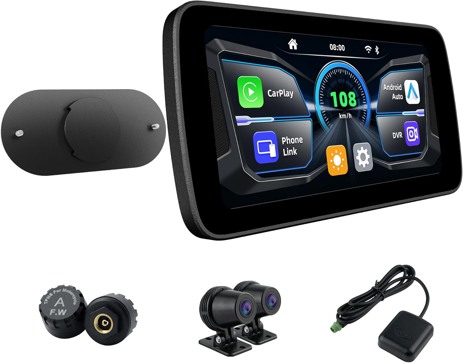 Mt5A 6.25 Inch Motorcycle Carplay Screen with 1080P DVR & TPMS, Wireless Apple Carplay & Android Auto, GPS Antenna, 800Nits, IP67, Screen Mirroring, BT 4.2, Voice Control with Siri/Google Assistant