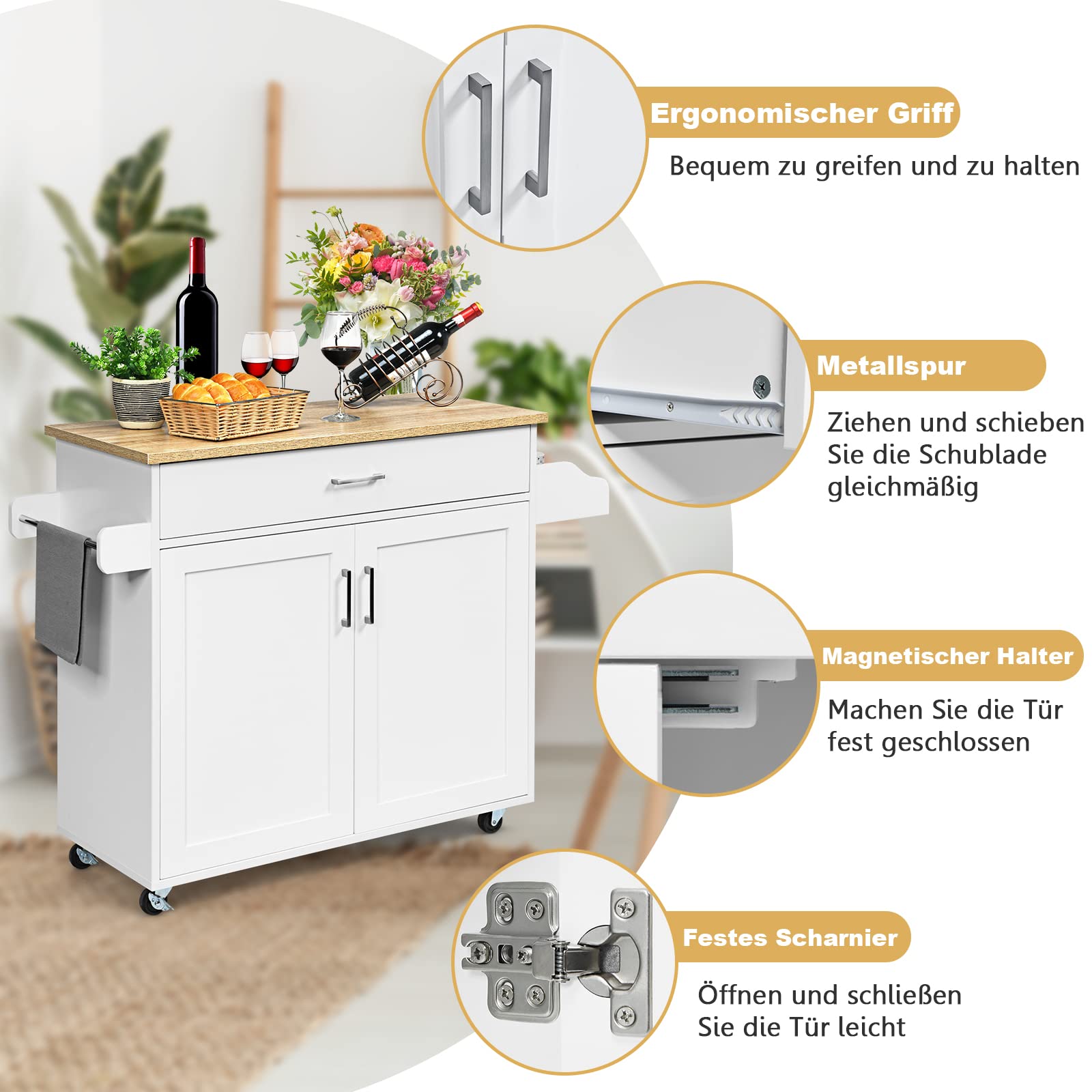 GOPLUS Carro de servir con cajón y armario, carrito de cocina enrollable con divisores ajustables, 2 ruedas con freno, de madera, estilo rústico, para cocina, restaurante (blanco)