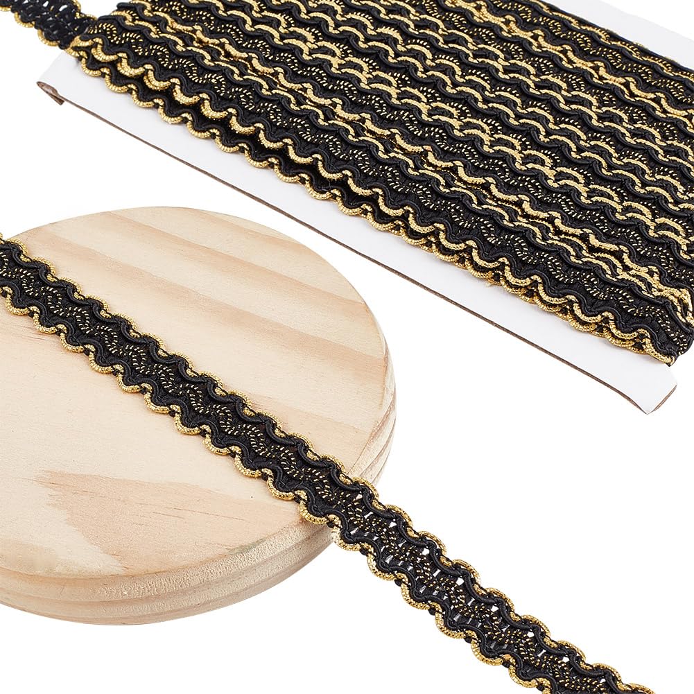 DELORIGIN 13 Yards Black Braid Trim, 15mm/0.6" Decorative Gimp Ribbon, Polyester Woven Lace, S-Shaped Gold Wire Edge Lace for Costume DIY Crafts Sewing Upholstery Curtain Slipcover