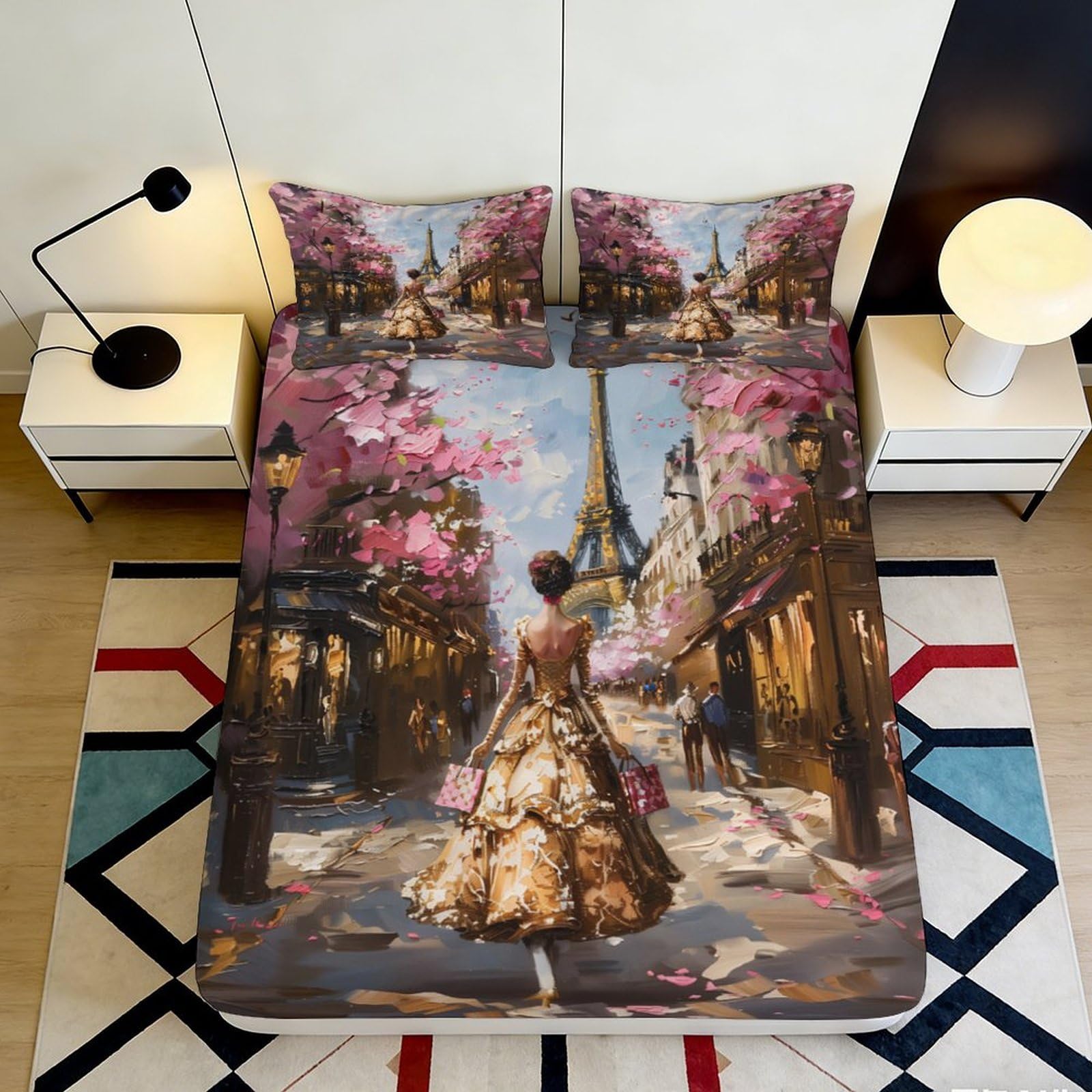3D Printed Paris Street Fitted Sheet Microfiber Soft Breathable Romantic Dress Bed Cover for Bedroom Guest Room Dormitory Mattress Protection Decor 140x200x25cm