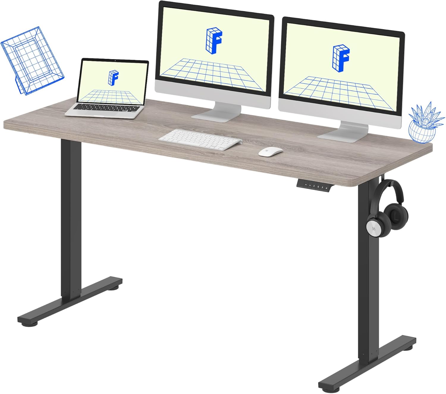 FLEXISPOT EN1 Whole Piece Standing Desk, 60 x 24 Inches Height Adjustable Desk Electric Sit Stand Desk for Home Office (Black Frame + Gray Wood Desktop, 2 Packages)